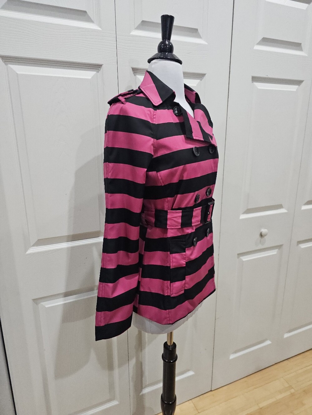 Cynthia Rowley Black Pink Striped Double Bressted Button Rain Jacket Coat Trench - Picture 6 of 16